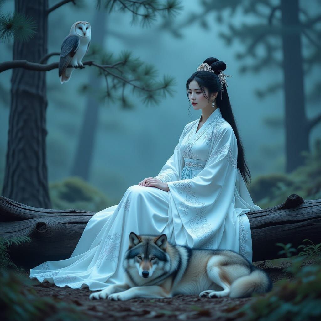 Princess and Wolf in Misty Forest