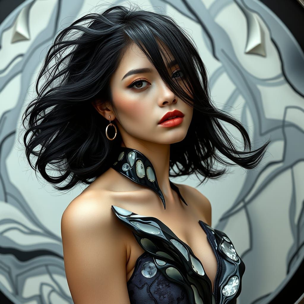 High-Fashion Muse in Monochrome Neo-Cubism Style