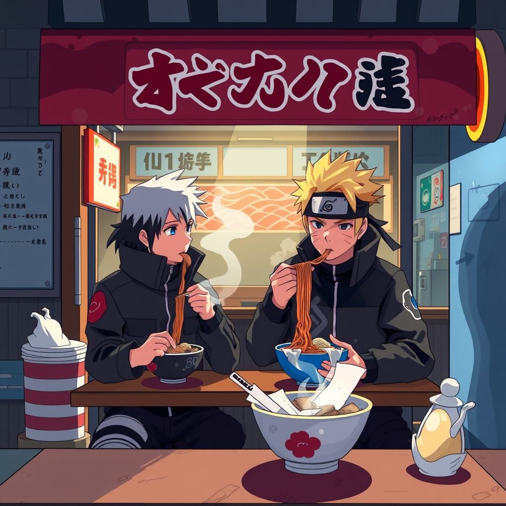 Kakashi and Naruto at Ramen Stall in Anime Style