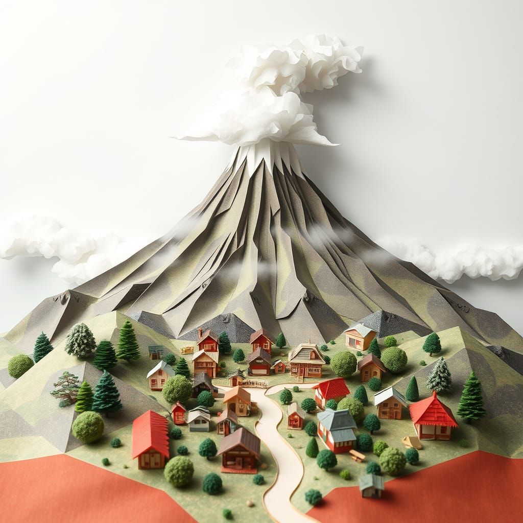 Whimsical Origami Village at Volcano's Base