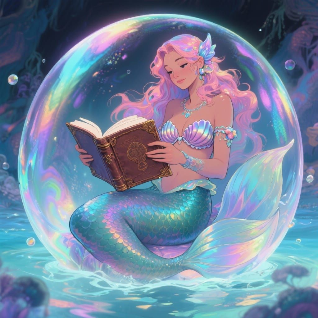 Mermaid Reading Book Inside Iridescent Bubble