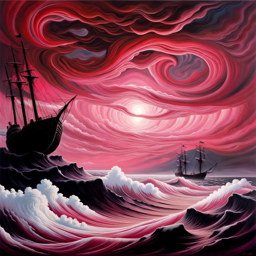 Surreal Seascape with Swirling Clouds and Ship