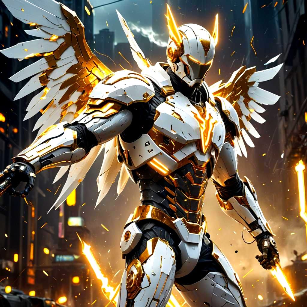 Cybernetic Superhero Swordsman with Wings and Lightning