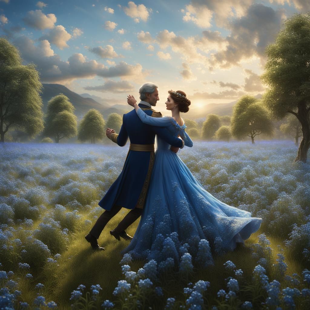 Royal Couple Dancing in Forget-Me-Nots Field