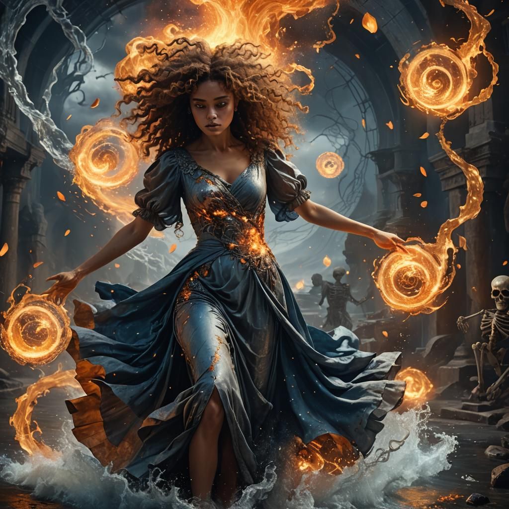 Girl Conjures Fireballs in Fantasy Digital Painting
