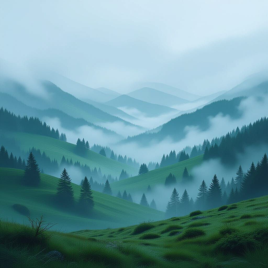 Ethereal Misty Landscape Art: Futuristic Fantasy