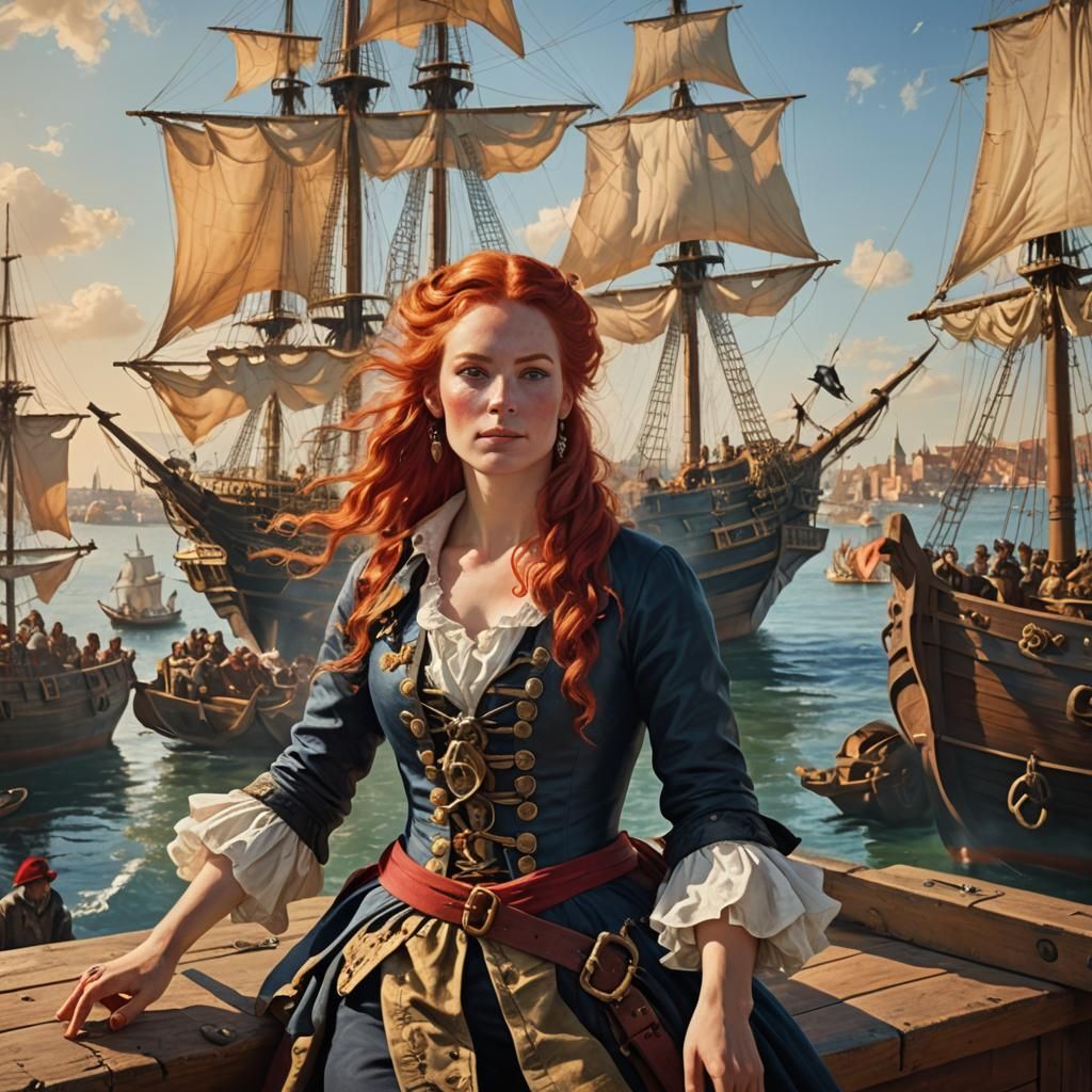 Female Pirate Posing in Harbour as Baroque Painting