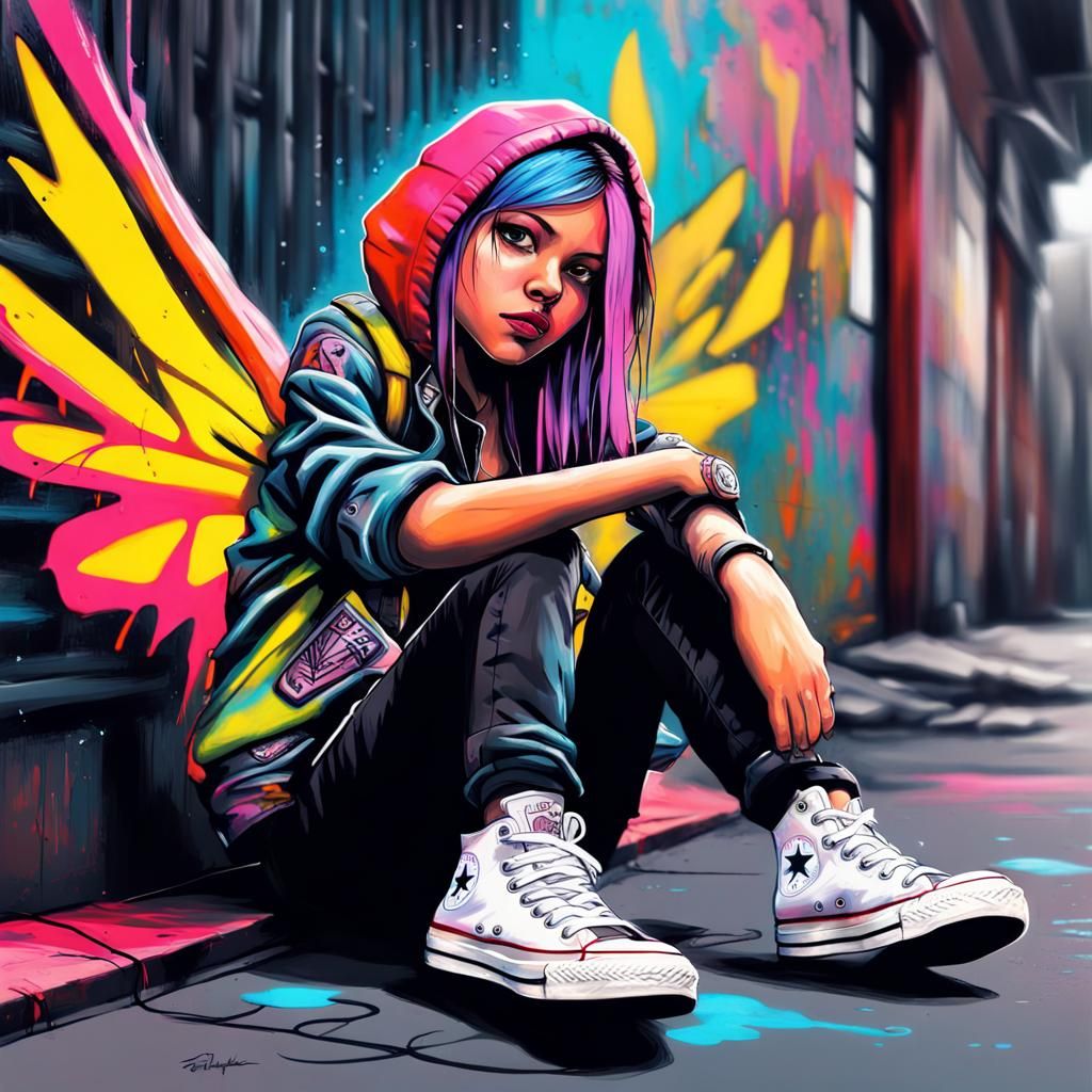 Punk Girl with Neon Wings in Urban Fantasy Illustration