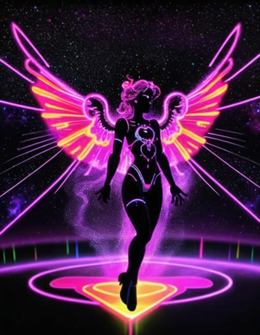 Neon Space God Angel with Mist Wings