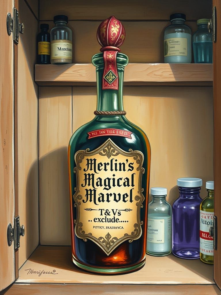 Elaborate, attractive potion bottle with a label reading 'Me...