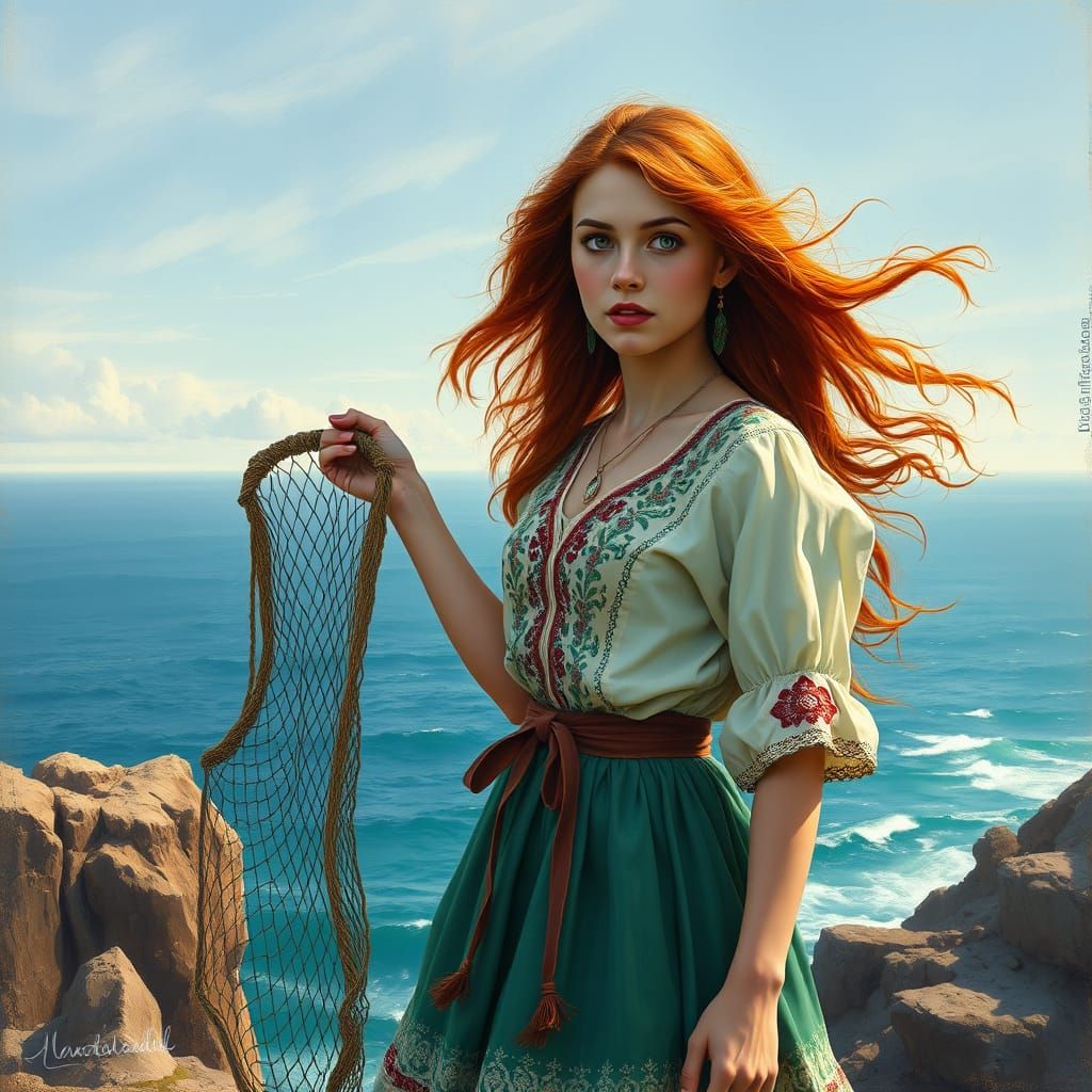 Portuguese Woman on Cliff, Oil Painting Style