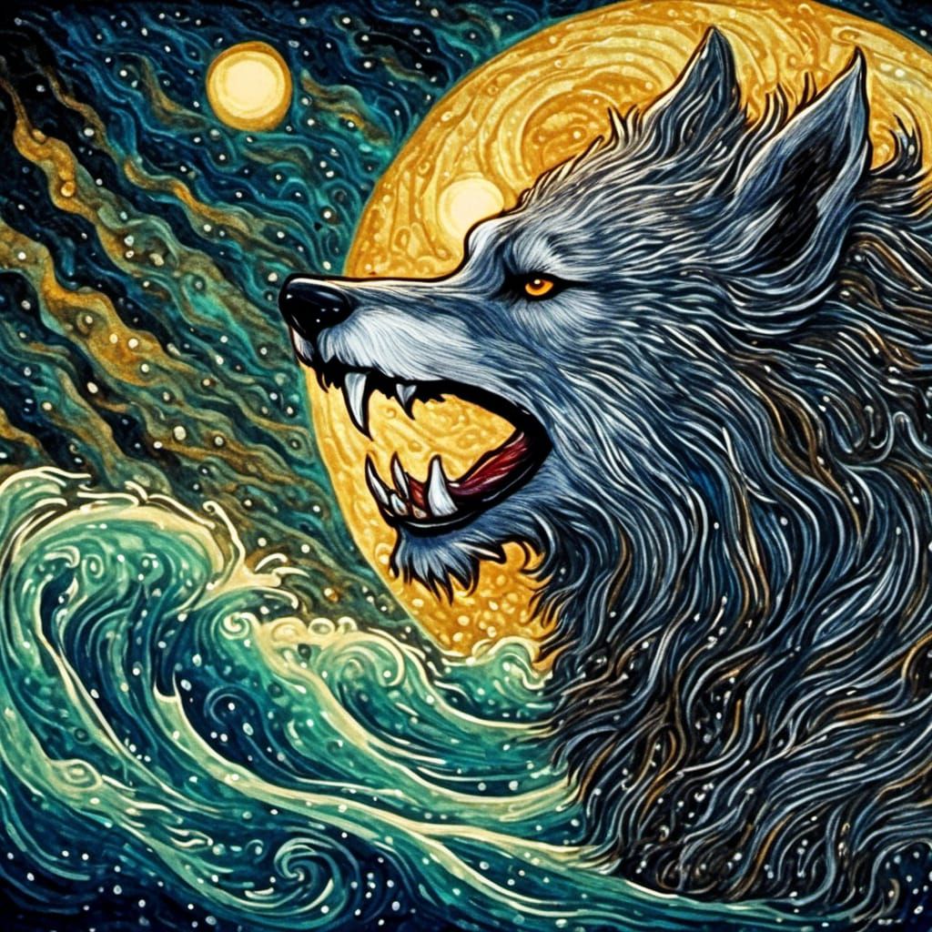 Werewolf howling at the moon art deco kinetic pointillism ly...