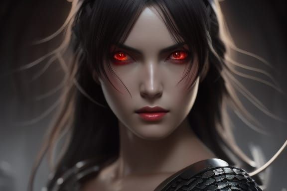 Black-Haired Girl with Red Eyes in Medieval Armor