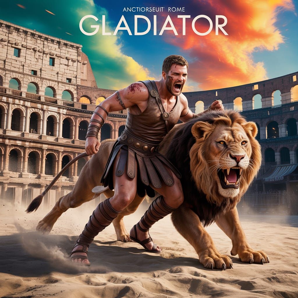 Photorealistic Gladiator Fights Lion in Colosseum