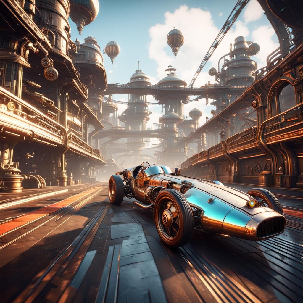 Steampunk Race Car in Retro-Futuristic 3D Render