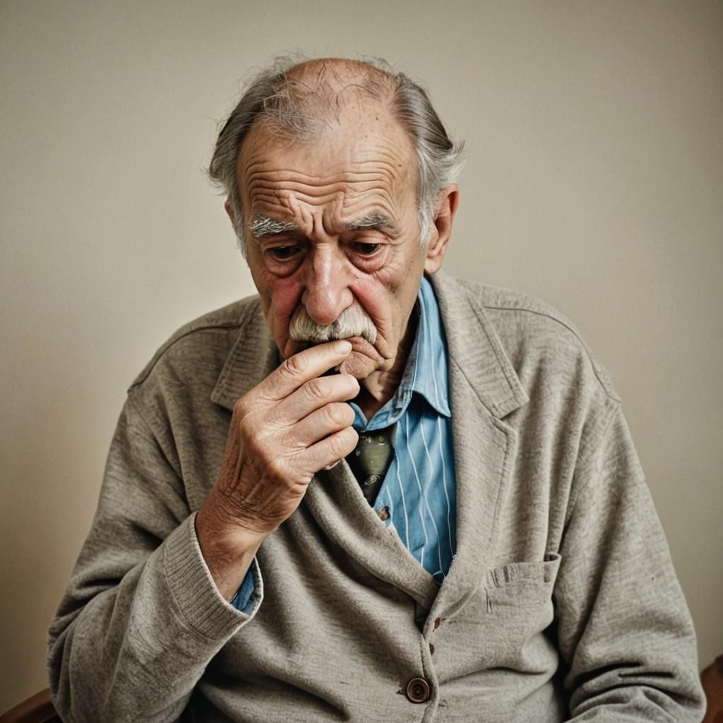Old Man Examines Handkerchief in Nursing Home