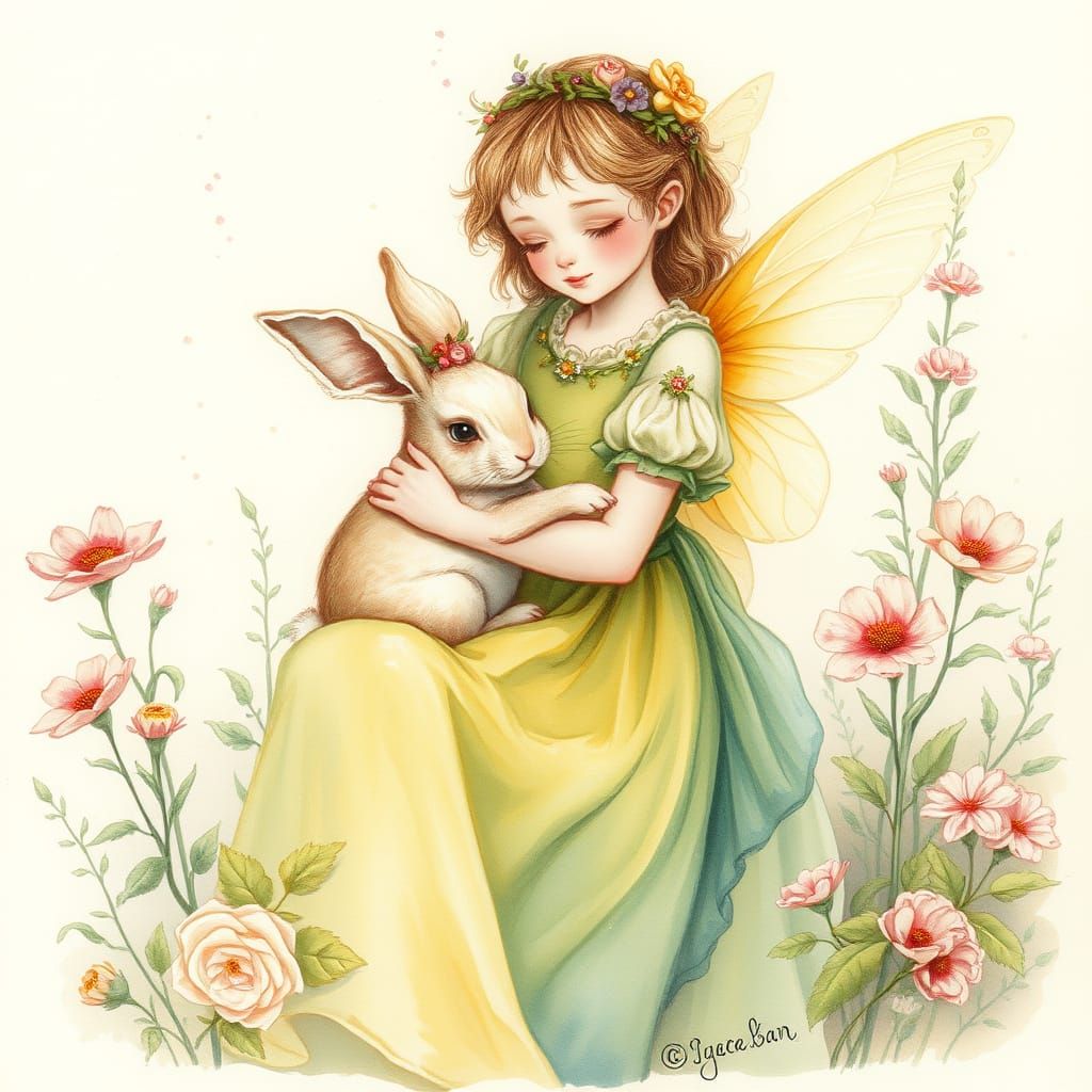 Ethereal Fairy in Whimsical Garden, Watercolour