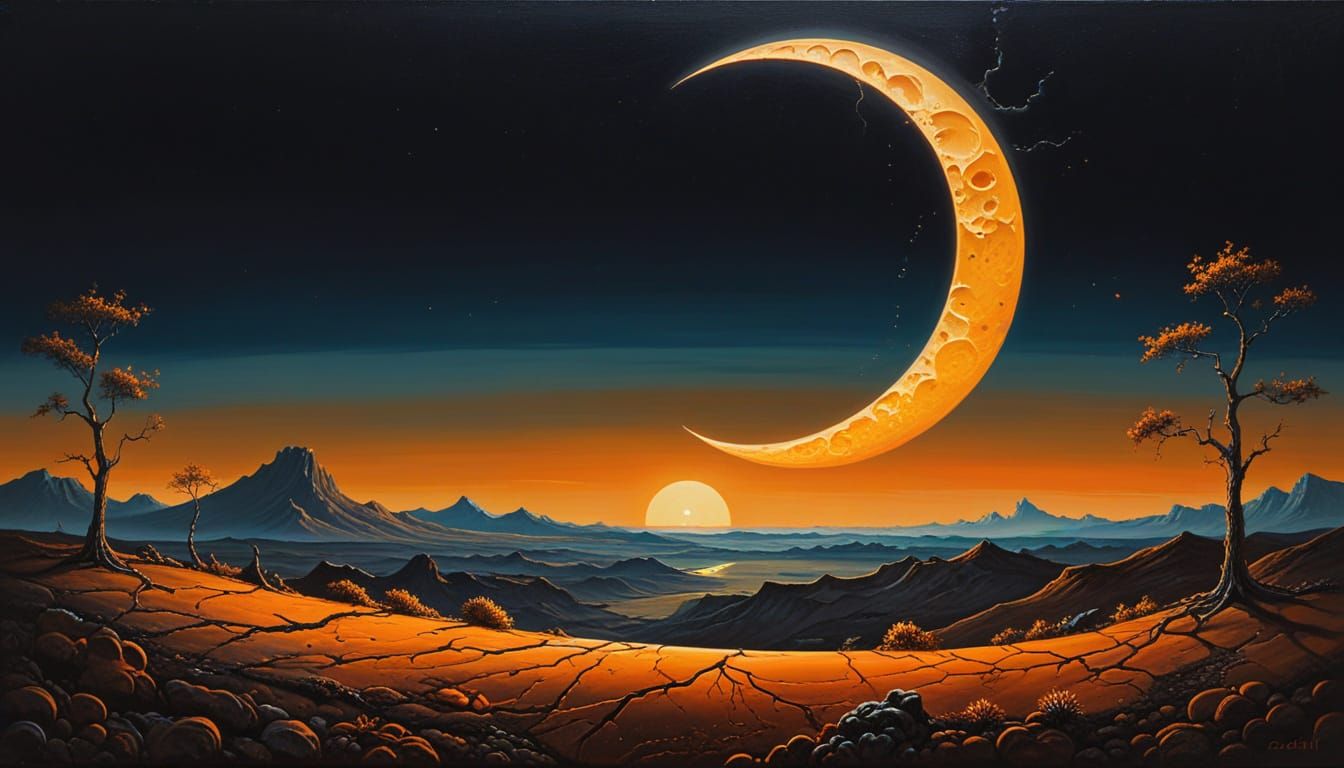 Surreal Moonrise Conceptual Art in Salvador Dali Style