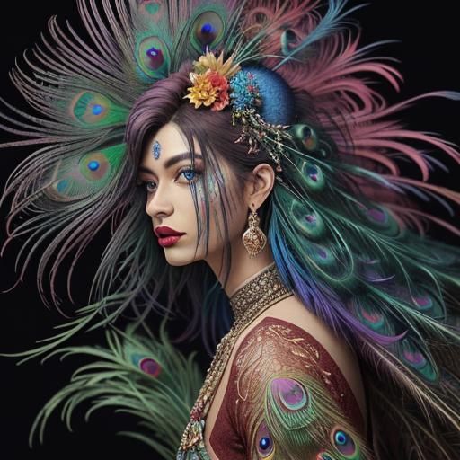 Peacock Woman Portrait with Surrealist Flair