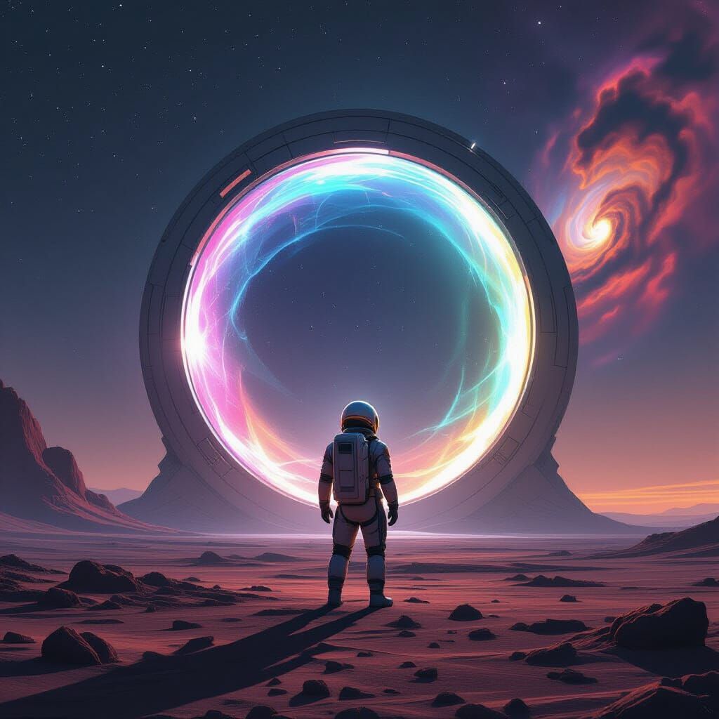 Astronaut and Portal on Alien Planet: Cinematic Style