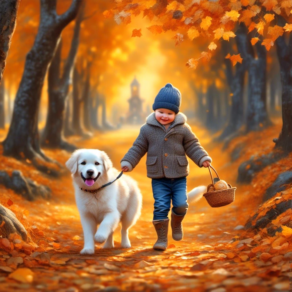Toddler and Dog Play in Autumn Leaves, Vintage Style