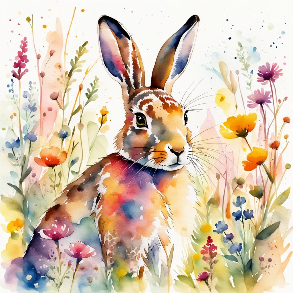 Hare in Wildflower Meadow, Watercolour Impressionism