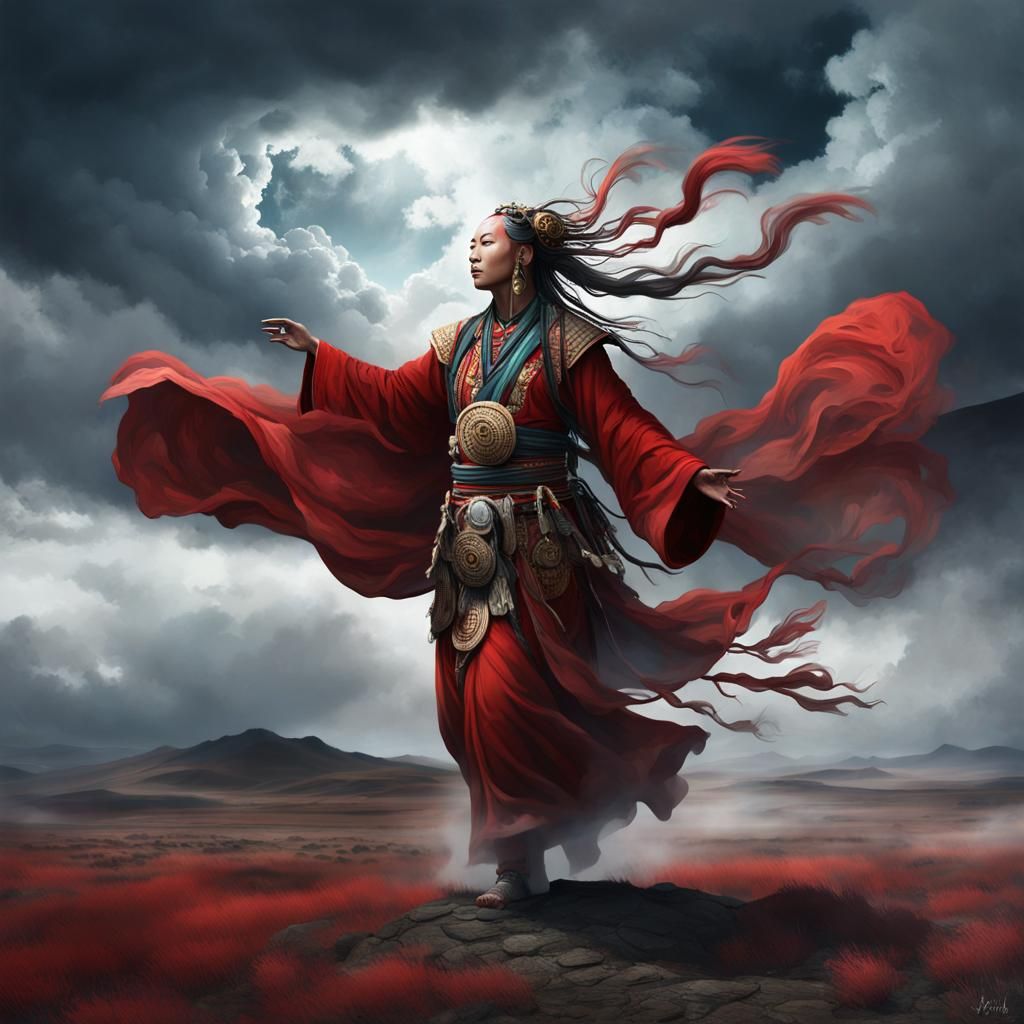 Mongolian Shaman in Windy Steppe Landscape