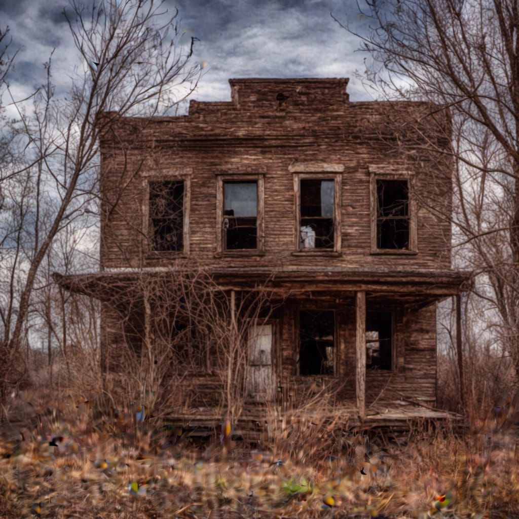 Decaying House in Abandoned Village, Eraserpunk Style