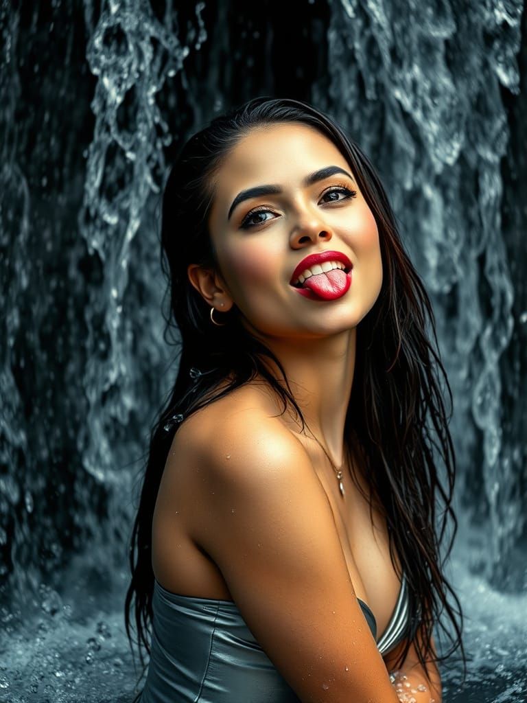 Woman Poses in Waterfall with Cinematic Lighting
