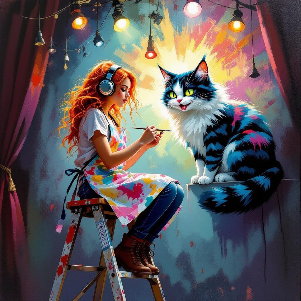Woman Paints Cheshire Cat Backdrop in Oil Painting Style