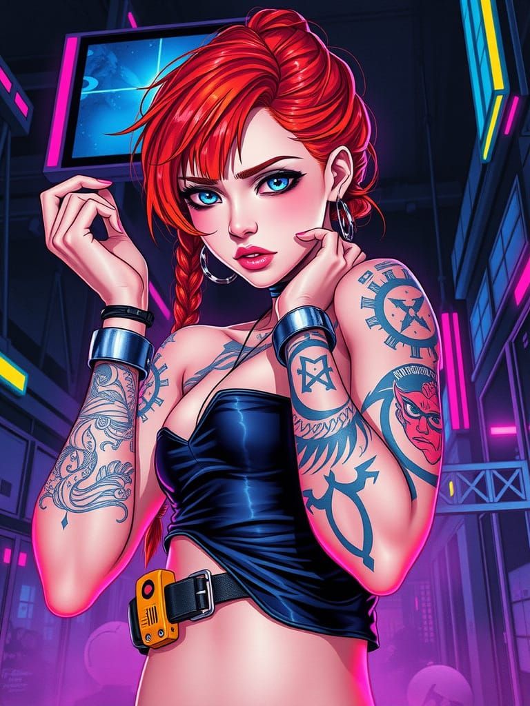 Cyberpunk Goddess Dancing in Psychedelic Nightscape