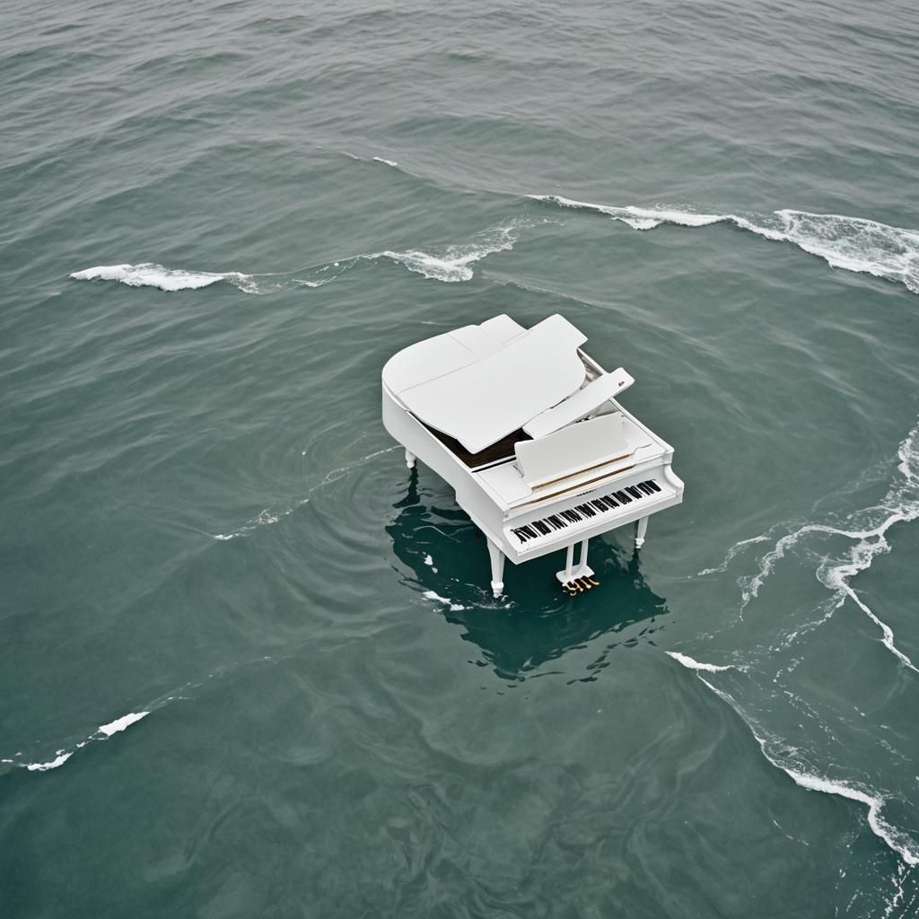 Surreal White Piano Floating in Ocean