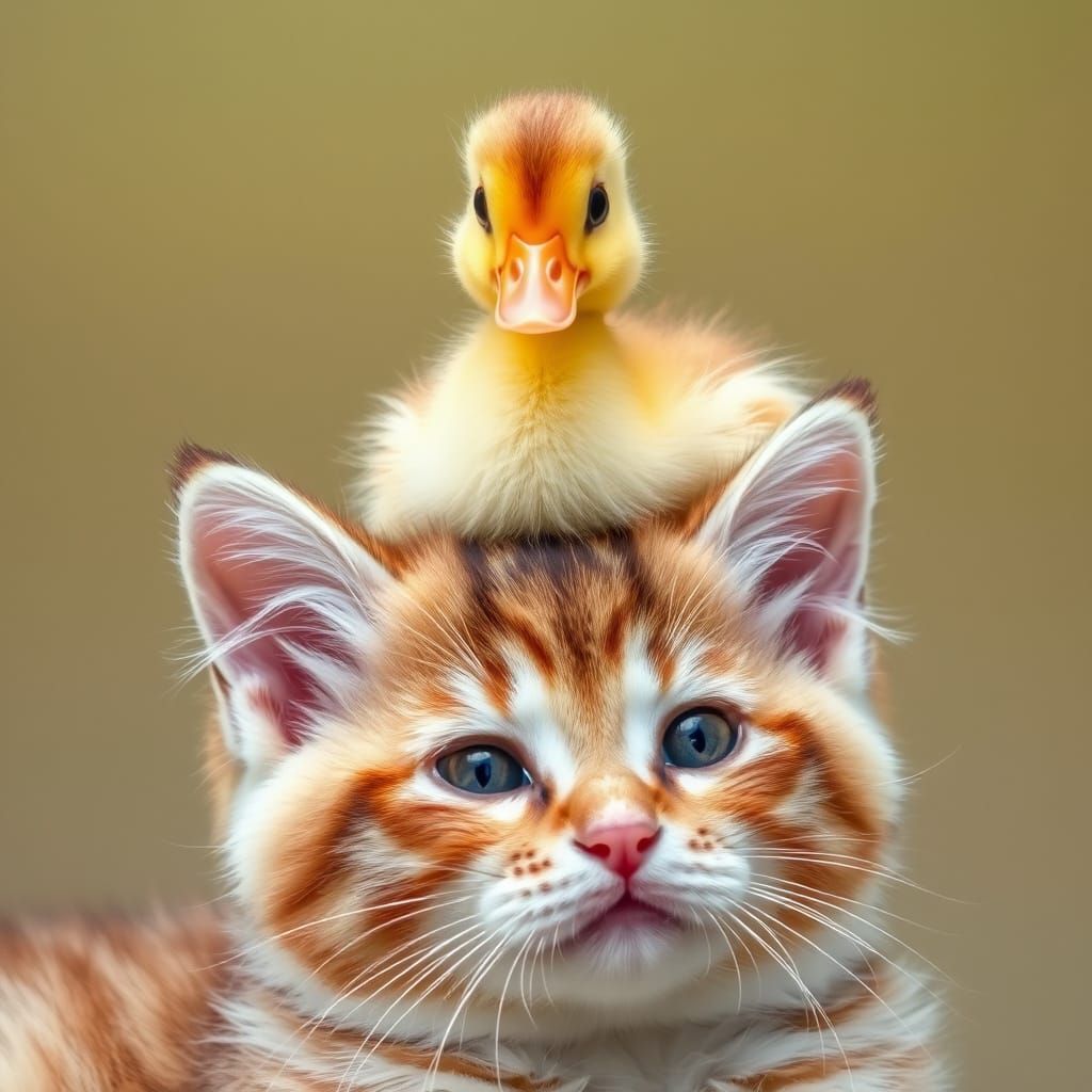 Cute Duckling Perches on a Playful Kitty