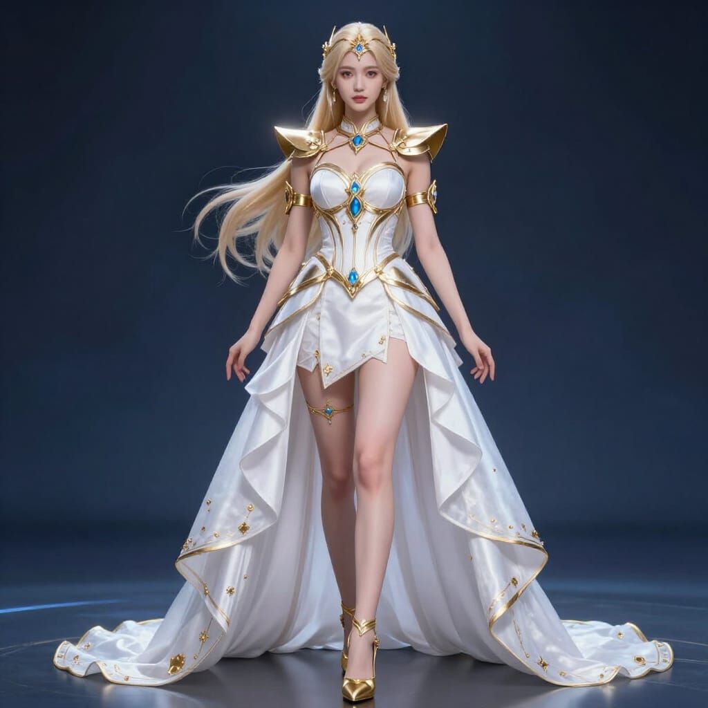 Celestial Warrior Goddess in White Dress with Golden Armor