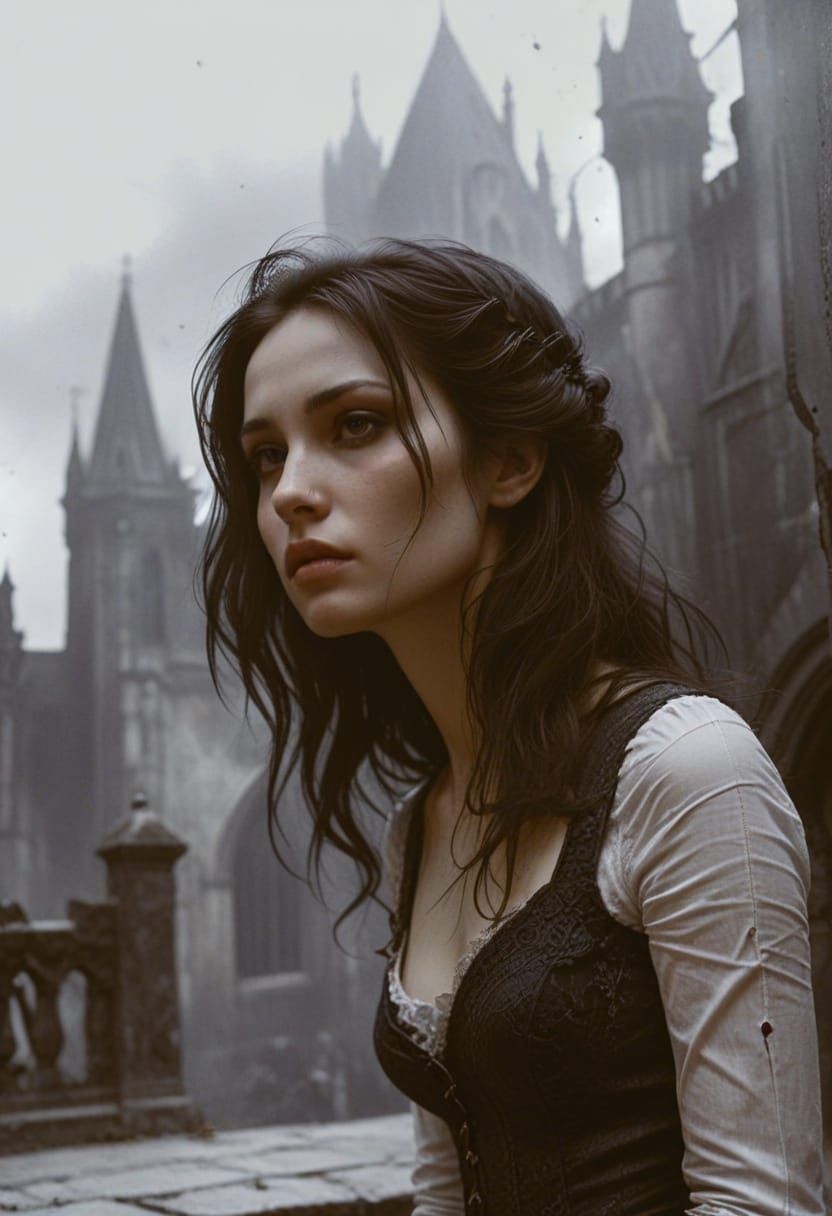 Ethereal Gothic Woman in a Haunting, Monochromatic Realm