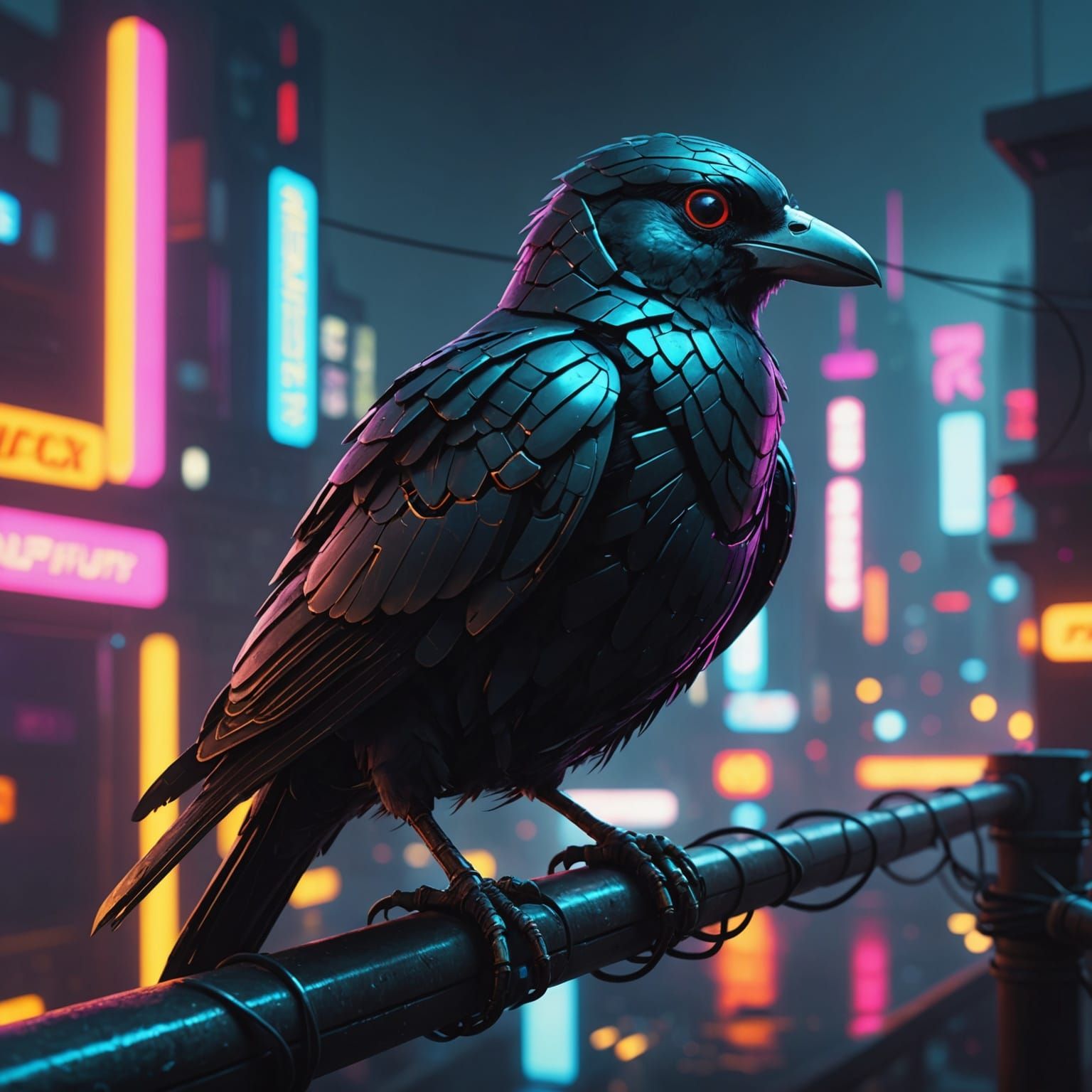 Cyborg Bird in Neon Cyberpunk Cityscape