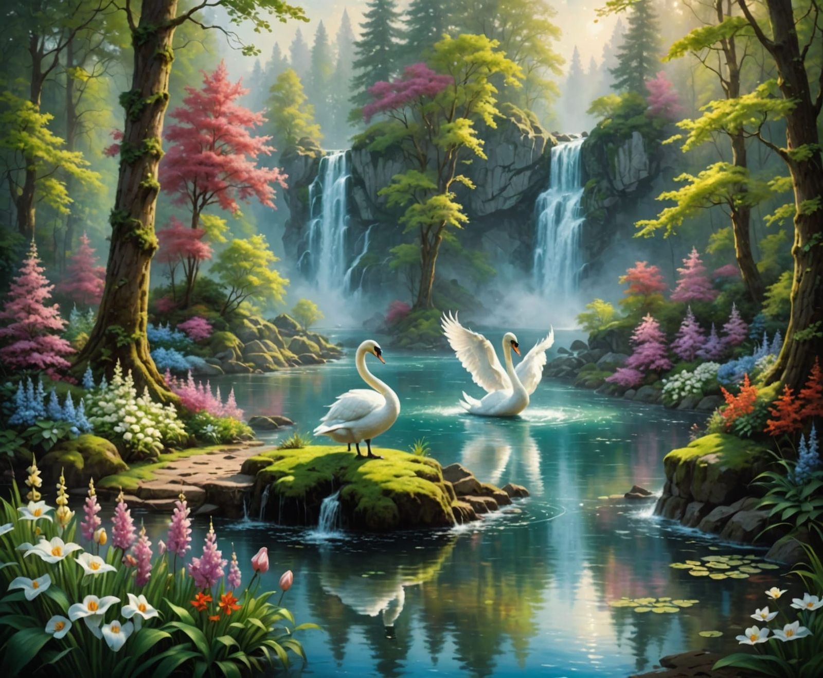 Serene Forest Scene in Ethereal Oil Painting Style