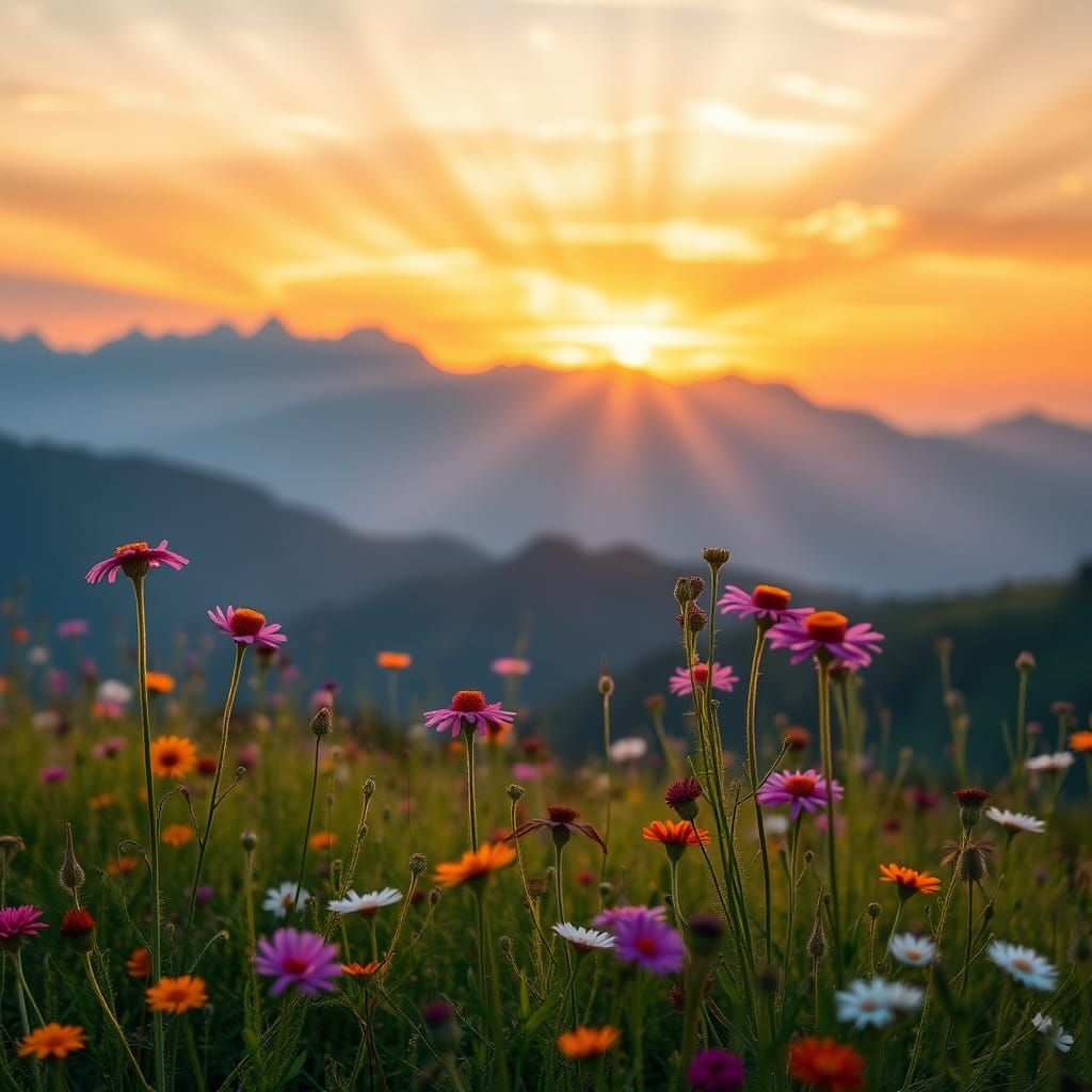 Hyperrealistic Sunset over Mountain Meadow