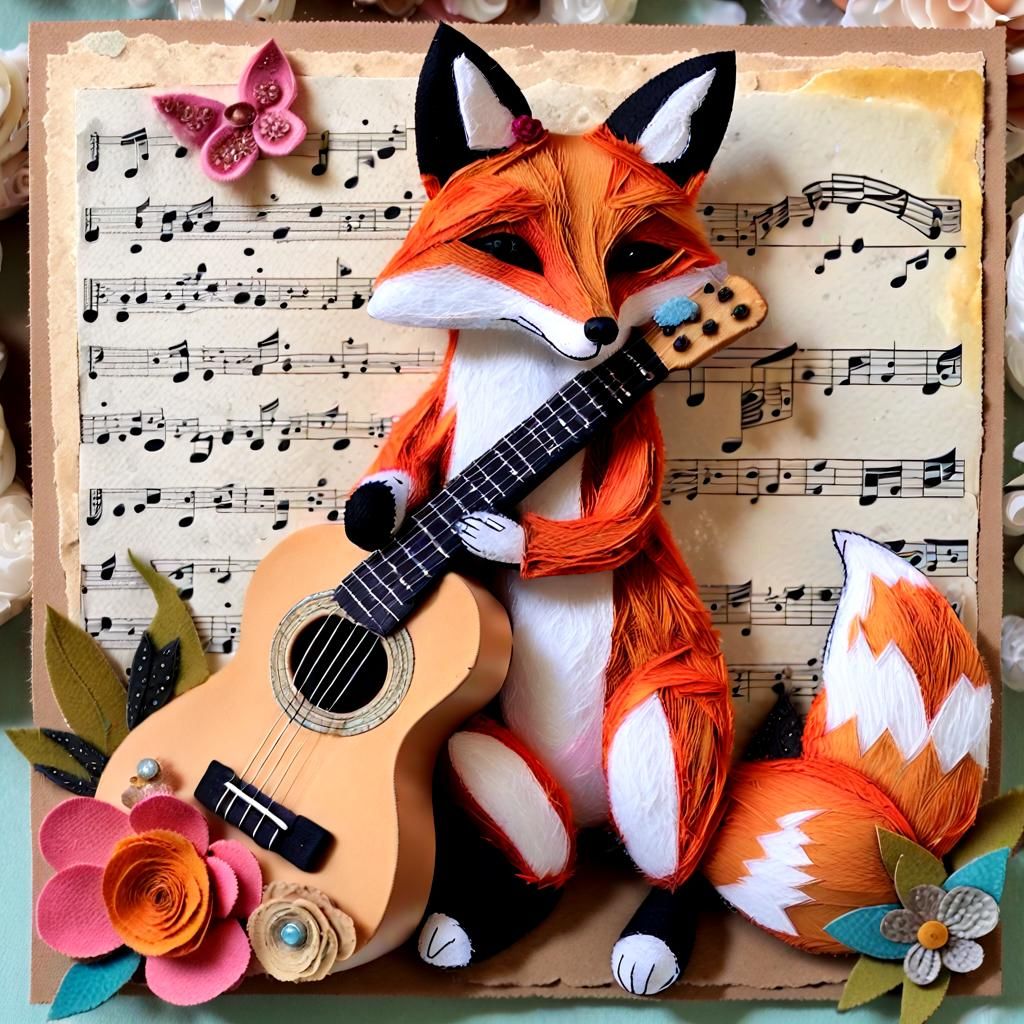 Felt Fox Guitarist in Mixed Media Collage Art