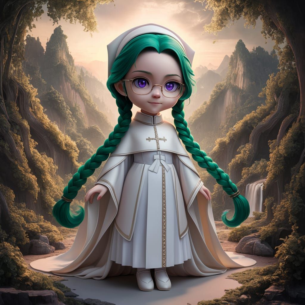 Anime Priestess with Emerald Hair in Mystical Landscape