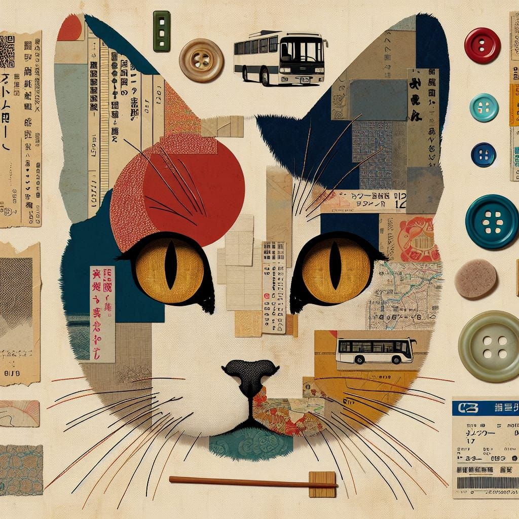 Minimalist Japanese Collage of a Cat in Edo Style
