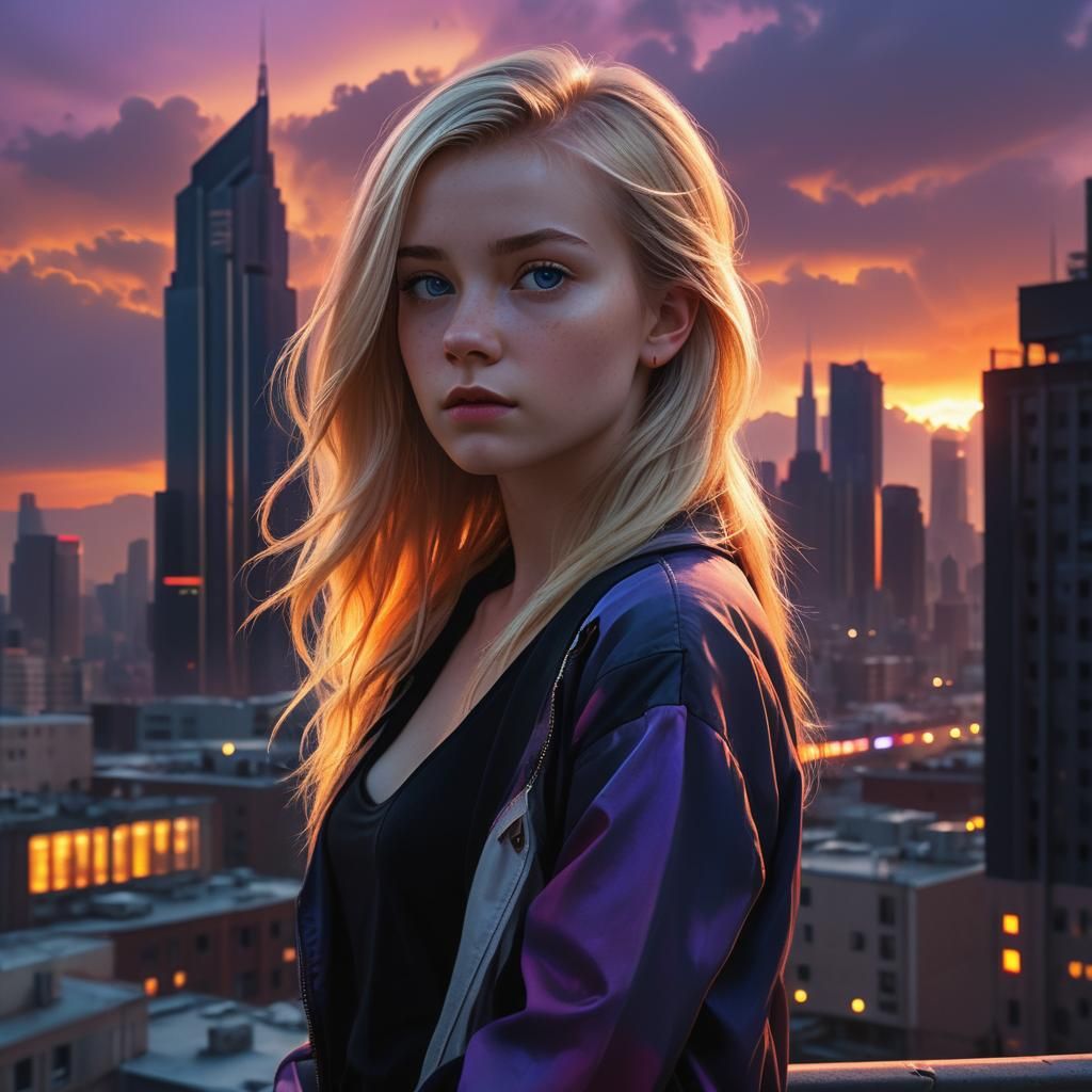 Blonde Woman in Cityscape Sunset, Matte Painting