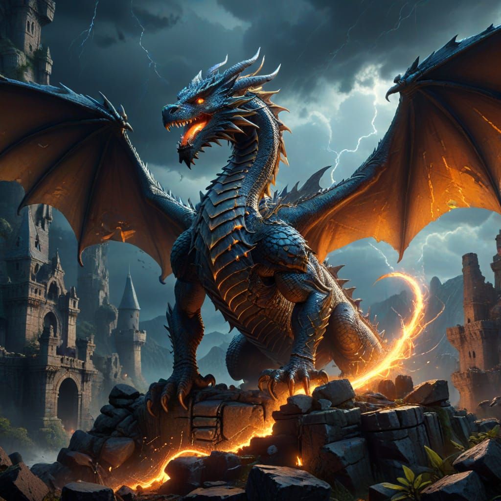 Majestic Dragon Soars Over Ruined Castle in Stormy Sky
