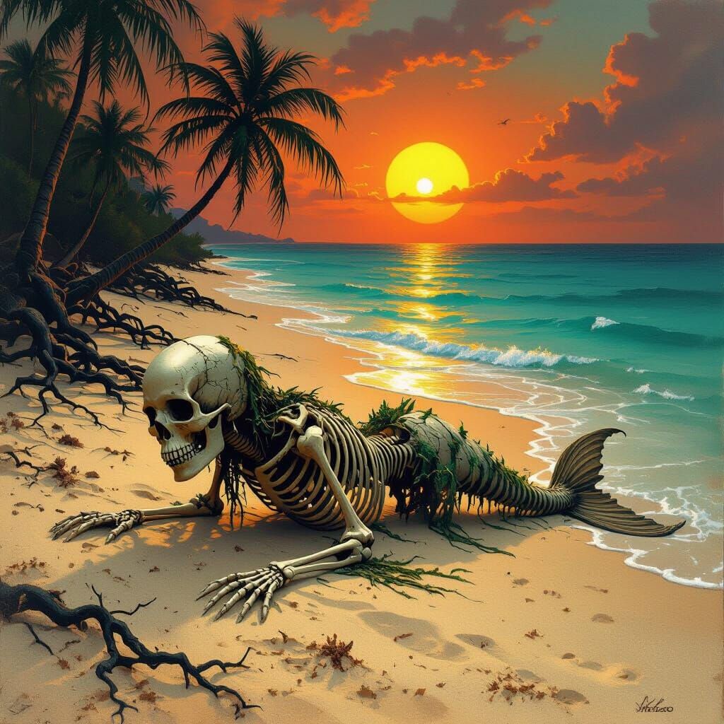 Skeleton Mermaid Crawling to the Ocean at Sunset