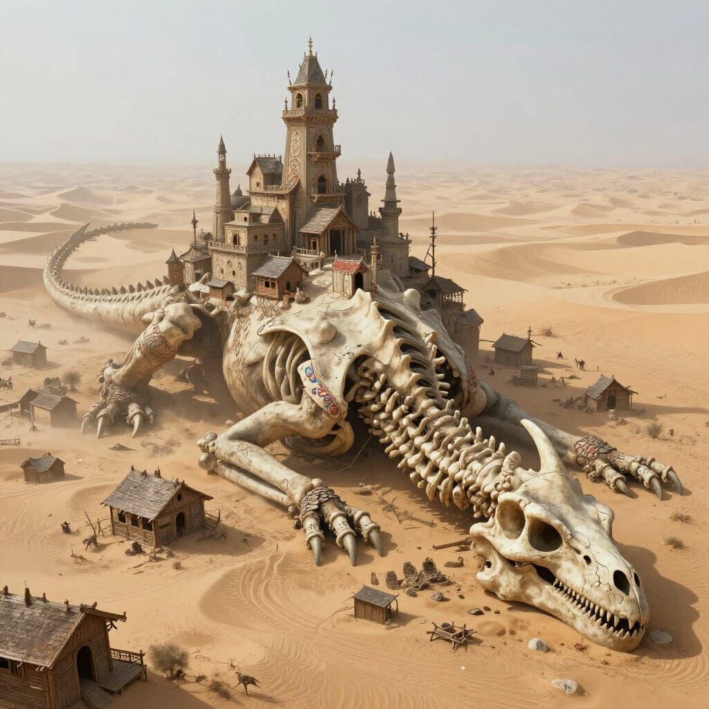 Ancient Dragon Skeleton City in Desert Mist