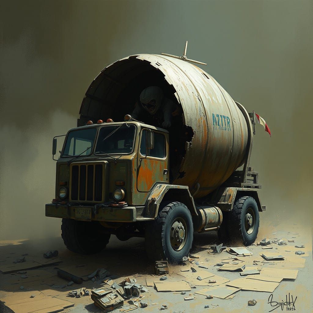 Cement truck hatching from an egg