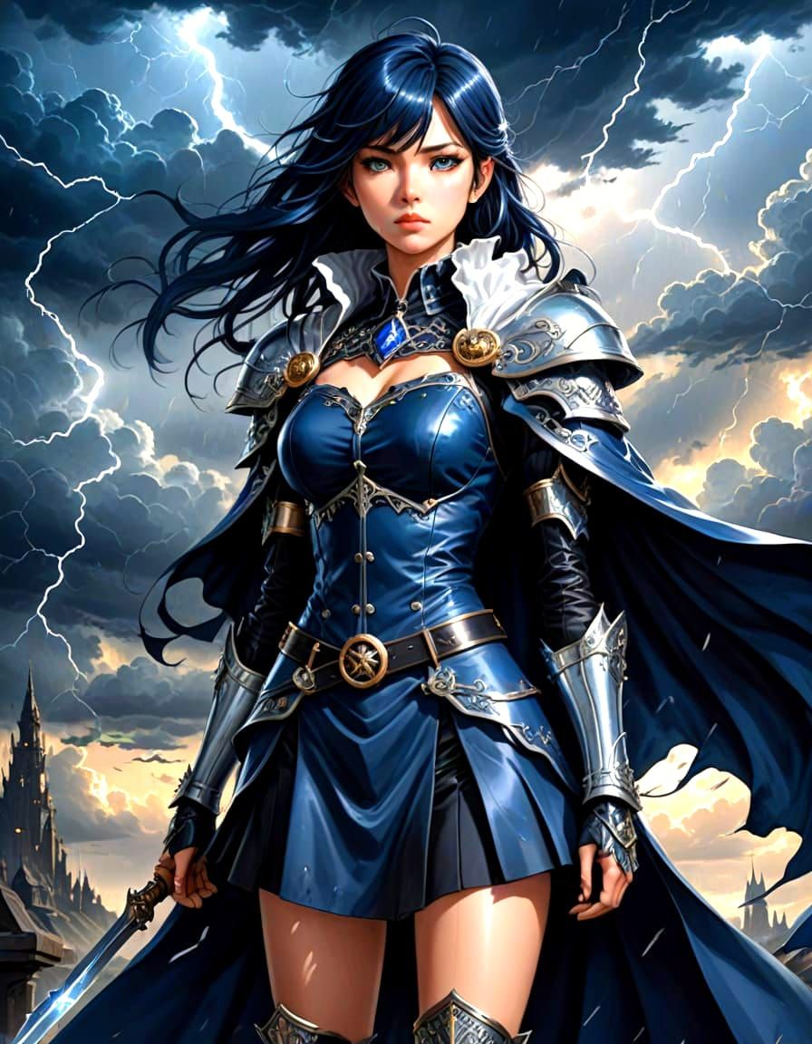 Elegant Chaos Sorceress in Dramatic Stormy Landscape