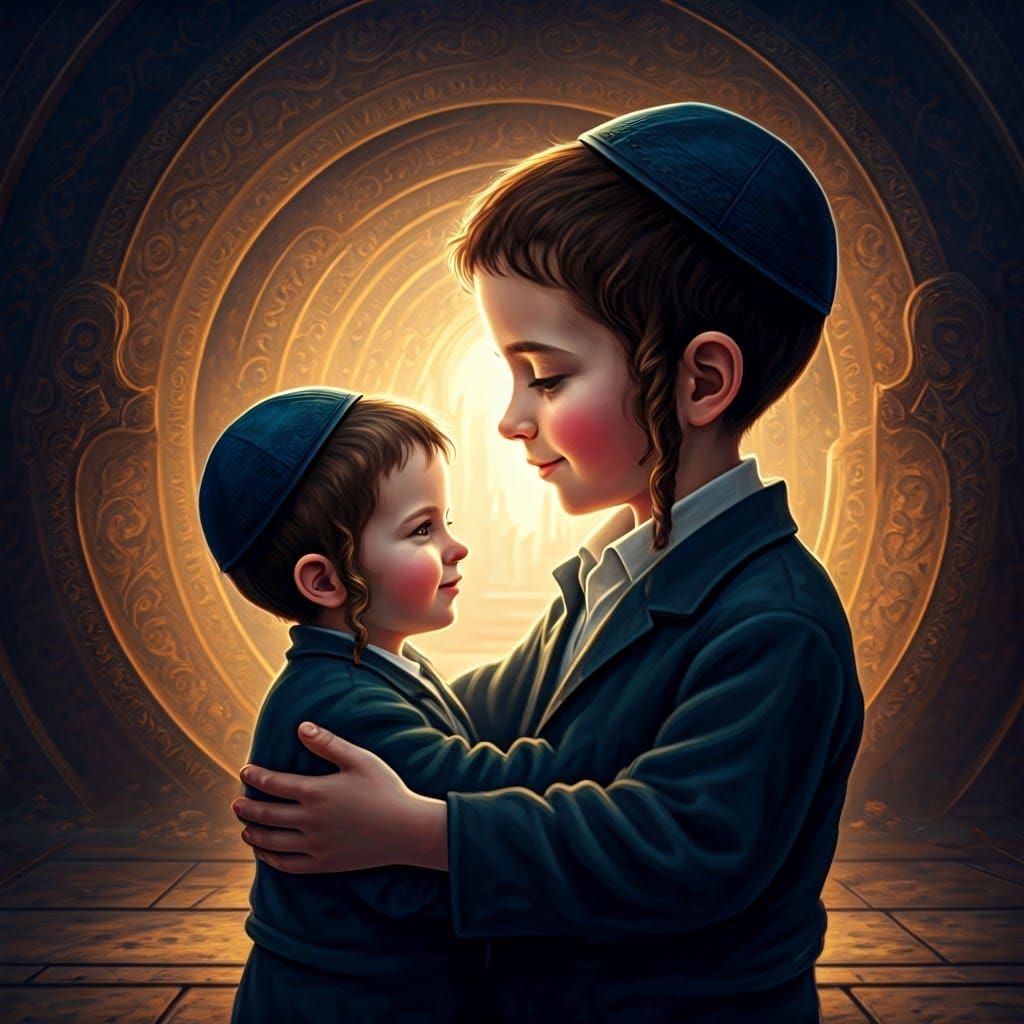 Young Hasidic Boys Embracing in Dreamlike Scene