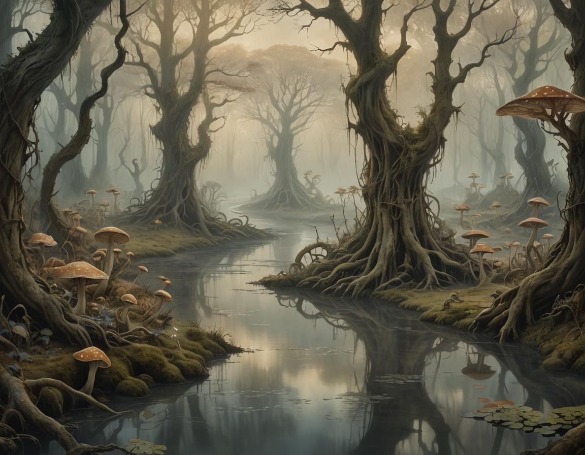 Enchanted Swamp Landscape with Glowing Mushrooms