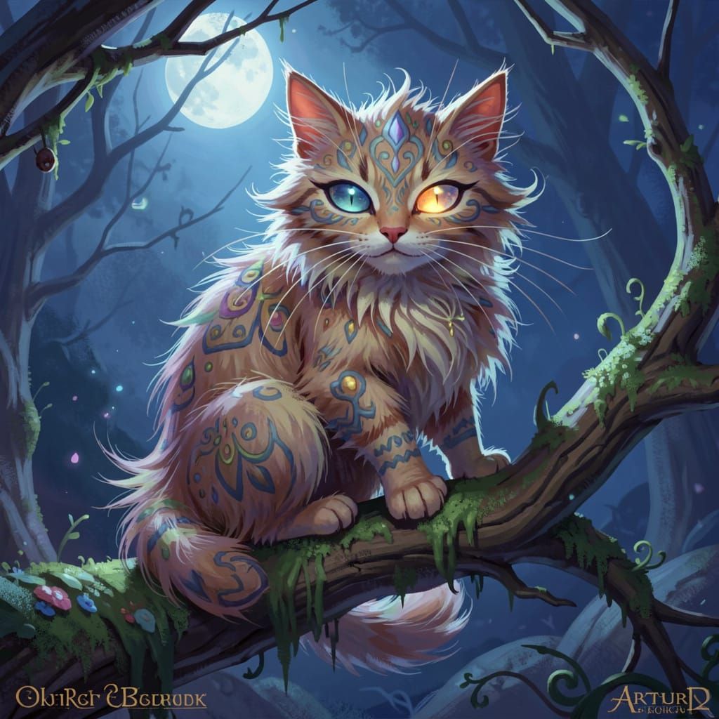 Fluffy Cat Daemon Perched on Mossy Branch in Moonlight